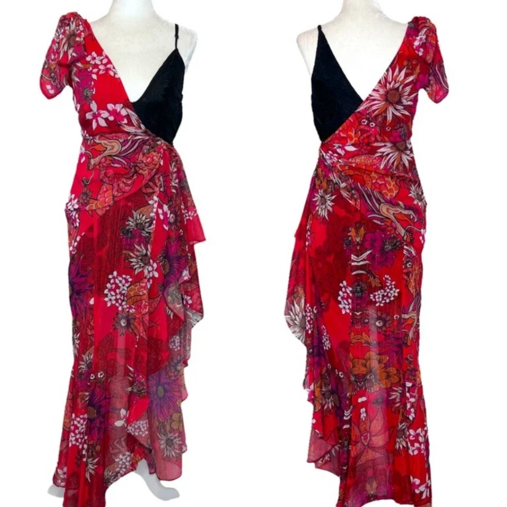 Bebe dragon Floral Asymmetrical Dress Red 00